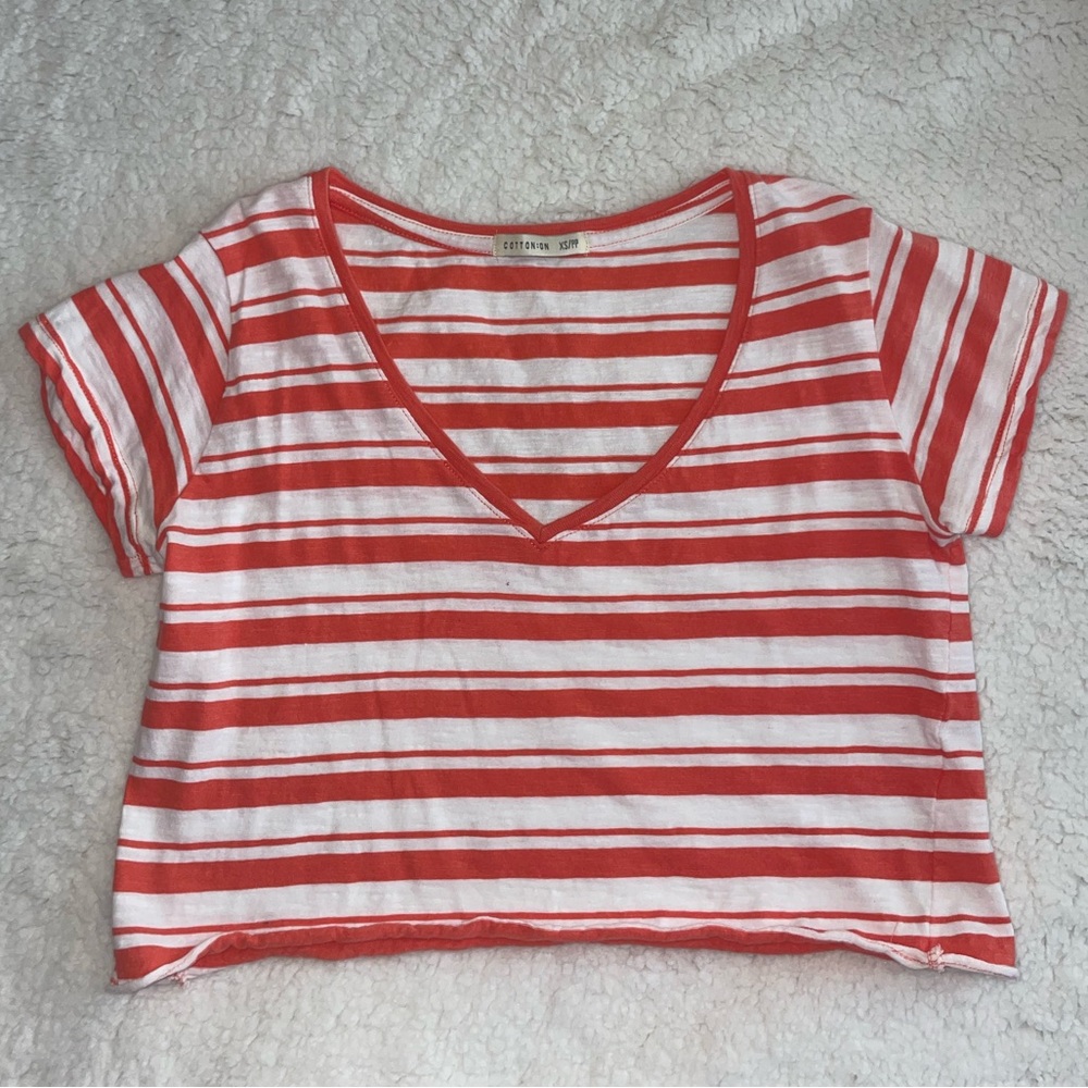 Pink and White Striped Relaxed Crop Tee